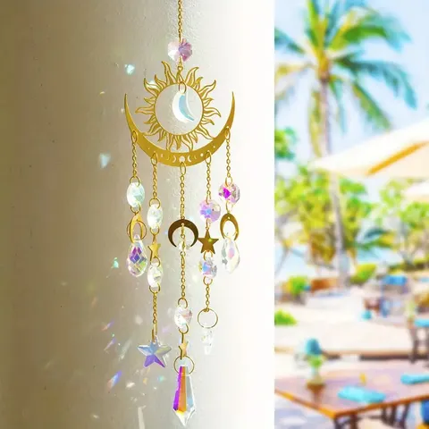 Lune de Flamme Cristal Attrape-soleil Carillon Éolien Pendentif Métal Creux Étoile Soleil Design Arc-en-ciel Prisme Pour Jardin Déco Maison