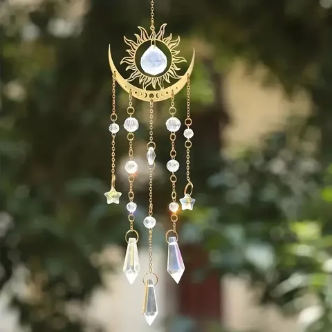 Acchiappasole in Cristallo Pendente Luna di Fiamma Stella Ornamento Sospeso Cristallo Bianco Ottone Per Giardino Casa Decorazione Finestra