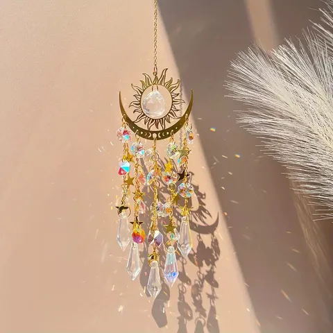 Acchiappasole in Cristallo con Luna Fiammeggiante Dorata Campanello a Vento Ornamentale da Appendere alla Finestra Creatore di Arcobaleno Decorazione da Giardino Regalo