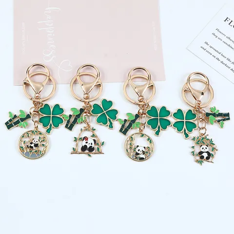 Cute Cartoon Chinese Style Panda Keychain Metal Alloy Enamel Bamboo Leaf Clover Pendant Key Ring Car Bag Charm Souvenir Gift