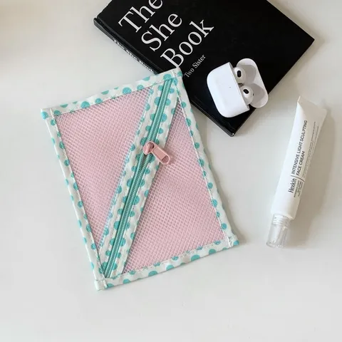 Ins Stijl Roze Mesh Draagbare Opbergzak Stippen Rand Mini Pouch Voor Oortelefoon Datakabel Document Organizer Vrouwen Tas