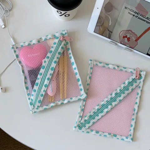 Ins Stijl Roze Mesh Draagbare Opbergzak Stippen Rand Mini Pouch Voor Oortelefoon Datakabel Document Organizer Vrouwen Tas