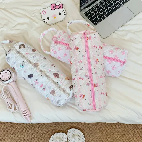 Cute Cartoon Quilted Hair Dryer Storage Bag Large Capacity Travel Portable Curler Straightener Protective Organizer Case Pouch