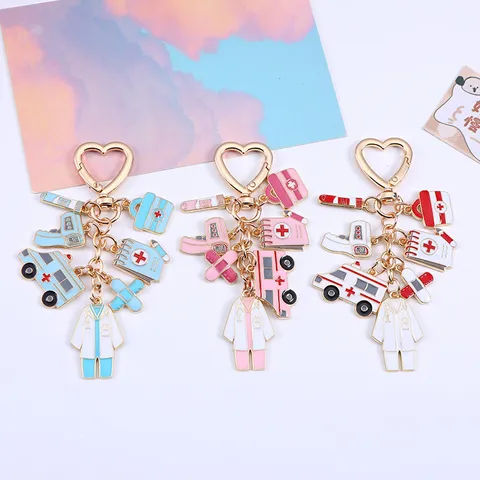 Classic Nurse Medical Theme Keychain Zinc Alloy Heart Shape Ring Ambulance Thermometer Stethoscope Bag Pendant Decor Gift