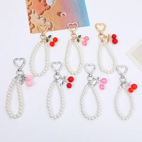 Korean Style Sweet Cherry Artificial Pearl Keychain Heart Clasp Phone Strap Alloy Fruit Pendant Bag Decoration For Women Gift