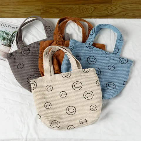 Corduroy Tote Bag Vintage Casual Small Handbag Cute Smiley Floral Checkerboard Print Lunch Bento Bag Women Daily Purse