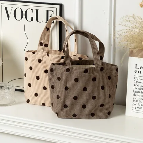 Corduroy Tote Bag Vintage Casual Small Handbag Cute Smiley Floral Checkerboard Print Lunch Bento Bag Women Daily Purse