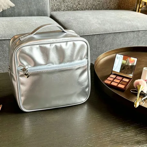 Large Capacity Portable Makeup Bag PU Leather Metallic Silver Cosmetic Organizer With Mirror Waterproof Travel Case Folding Storage Bag For Women