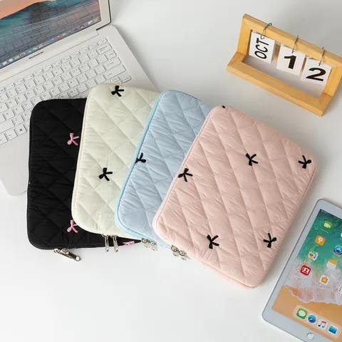 Sweet Quilted Diamond Nylon Laptop Sleeve Bowknot Embroidered Protective Tablet Case Shockproof Travel Computer Bag for MacBook iPad Women