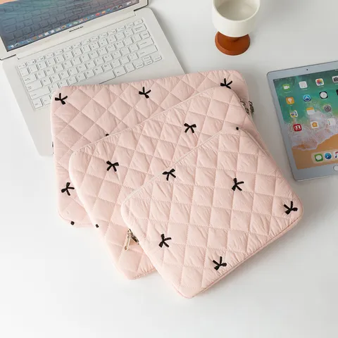 Sweet Quilted Diamond Nylon Laptop Sleeve Bowknot Embroidered Protective Tablet Case Shockproof Travel Computer Bag for MacBook iPad Women