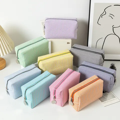 Gestreift Seersucker Kosmetiktasche Große Kapazität Kulturbeutel Reißverschluss Reise Make Up Tasche Rechteckig Damen