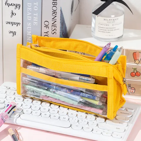 Large Capacity Transparent Mesh Pencil Case Multi Layer Portable Oxford Cloth Stationery Bag Students Office School Storage Box