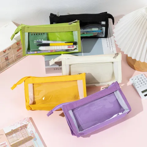 Large Capacity Transparent Mesh Pencil Case Multi Layer Portable Oxford Cloth Stationery Bag Students Office School Storage Box