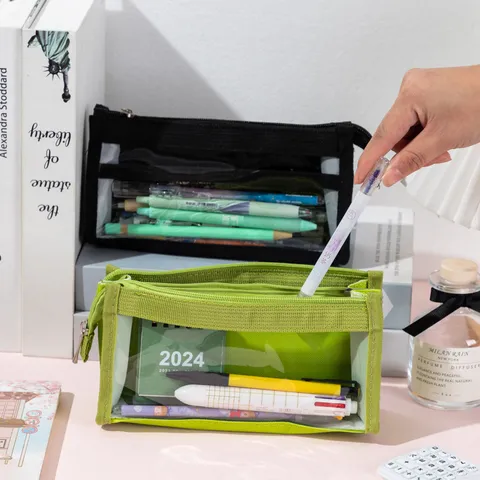 Large Capacity Transparent Pencil Case Multi-Layer Mesh Stationery Bag Student Pencil Pouch Clear Storage Bag Zipper Pencil Box for School Office