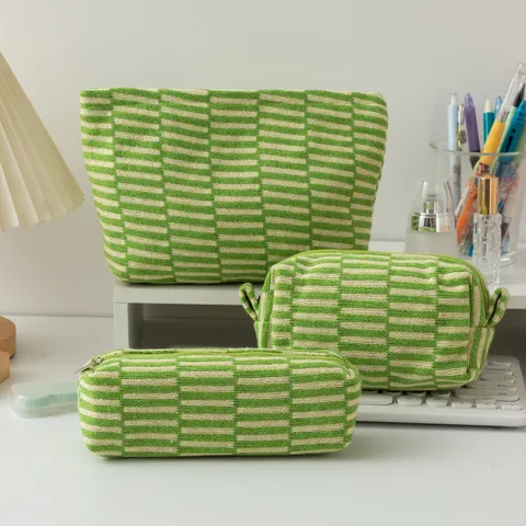 Knit Striped Cosmetic Bag 3-Piece Set Large Capacity Travel Toiletry Storage Bags Portable Pencil Case For Students Women