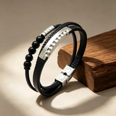 Vintage Mehrschichtiges Leder Seil Armband Herren Edelstahl Zahnrad Schwarze Perle Armband Punk Retro Schmuck Geschenk