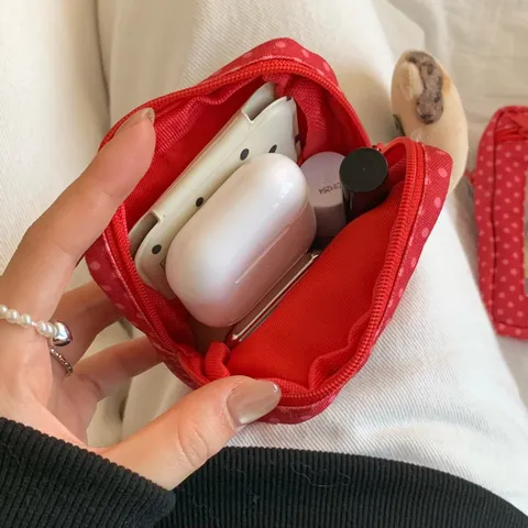 Retro Rote Punktmuster Münzbörse Tragbare Lippenstift Kopfhörer Aufbewahrungstasche Mit Transparentem Fotofenster Mini Stoffbeutel Kartenhalter