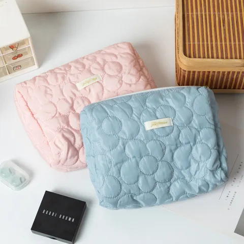Large Quilted Floral Makeup Bag Solid Color Puffer Cosmetic Pouch Travel Toiletry Organizer Zipper Storage Bag For Women