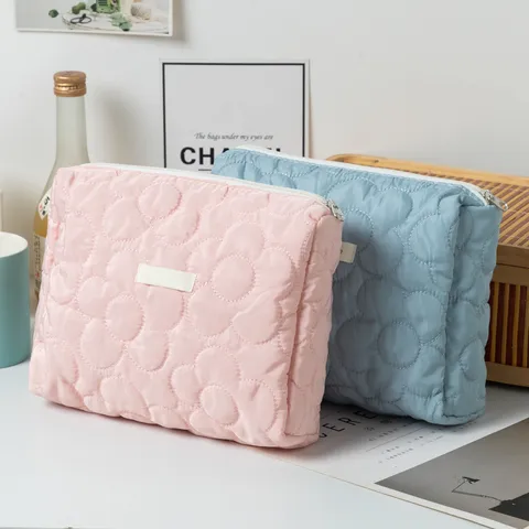 Large Quilted Floral Makeup Bag Solid Color Puffer Cosmetic Pouch Travel Toiletry Organizer Zipper Storage Bag For Women
