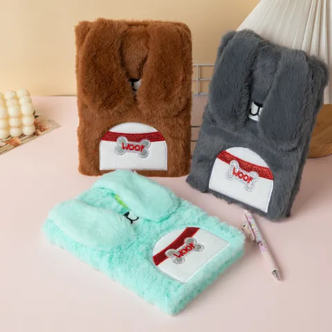 Cute Cartoon Plush Lop-Eared Bunny Notebook Soft Fabric Cover Student Diary Journal With Embroidery Bone Pattern Gift