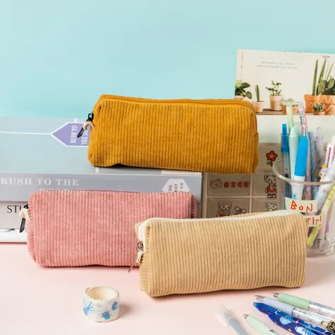 Trousse à Crayons Rétro en Velours Côtelé Couleur Unie Grande Capacité Organisateur de Bureau Minimaliste pour Étudiants Pochette à Stylos