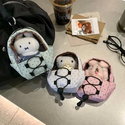 Cute Polka Dot Mini Backpack Shape Bag Charm Transparent Window Doll Storage Case Keychain Pendant For Women Bag Accessories