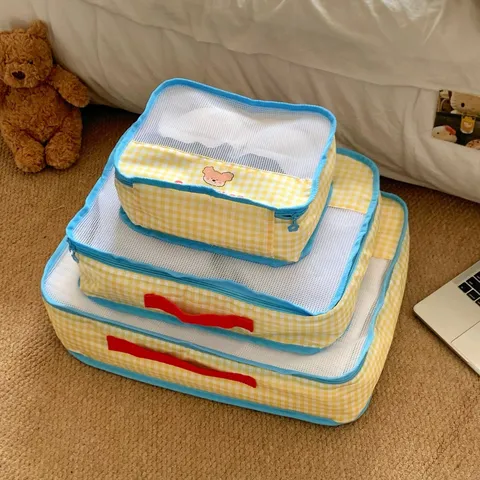 Cute Cartoon Bear Plaid Travel Packing Organizer Mesh Storage Bag For Clothing Underwear Shoes Suitcase Packing Pouches