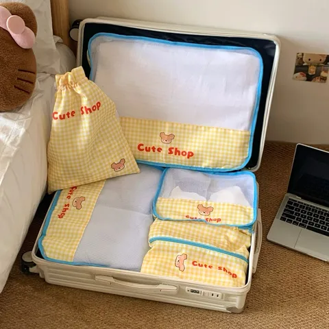 Cute Cartoon Bear Plaid Travel Packing Organizer Mesh Storage Bag For Clothing Underwear Shoes Suitcase Packing Pouches