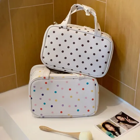 Koreanischer Stil Polka Dot PU Leder Drei Schichten Kosmetiktasche Große Kapazität Tragbare Reise Kulturbeutel Aufbewahrungstasche Für Damen