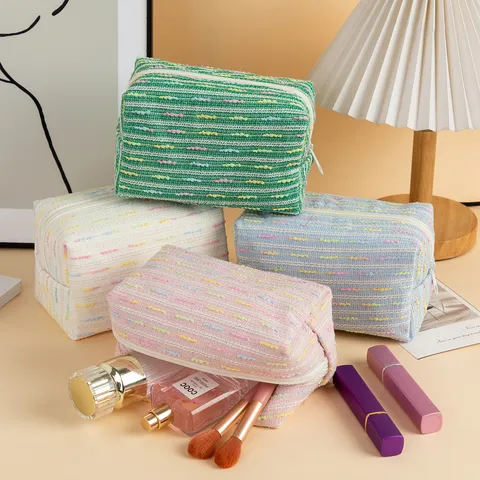 Trousse per Trucchi Tessuta a Righe Arcobaleno in Stile Giapponese Borsa Organizer per Trucco di Grande Capacità Borsa da Lavaggio da Viaggio Multifunzionale Astuccio per Studenti per Donne Ragazze