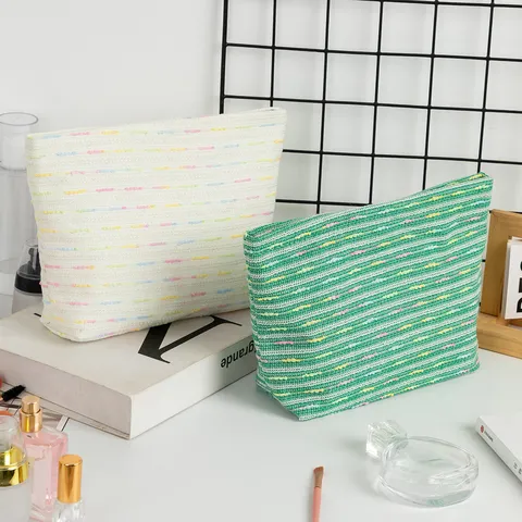 Trousse à Maquillage Tissée Grande Capacité Rayé Polyester Organisateur de Toilette Minimaliste Pochette Cosmétique de Voyage Boîte de Rangement Bureau