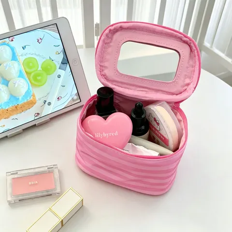 Rosa Gestreift Kosmetiktasche Mit Spiegel Tragbar Kulturbeutel Damen Reise Handheld Make-up Organizer Große Kapazität