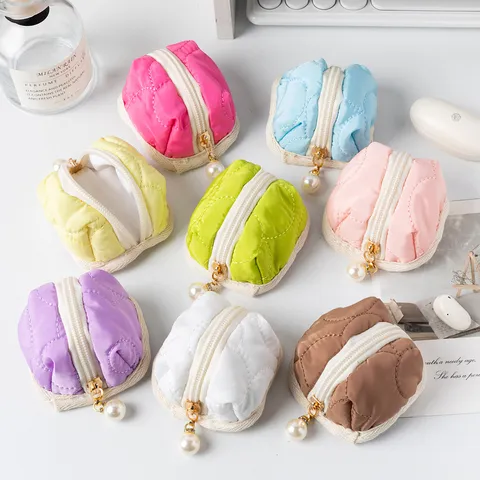 Quilted Cotton Mini Tent Shaped Coin Purse Portable Earphone Case With Artificial Pearl Pendant Lightweight Small Storage Bag