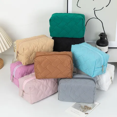 Bolsa De Cosméticos Acolchada De Color Sólido Bolsa De Almacenamiento De Artículos De Tocador De Gran Capacidad