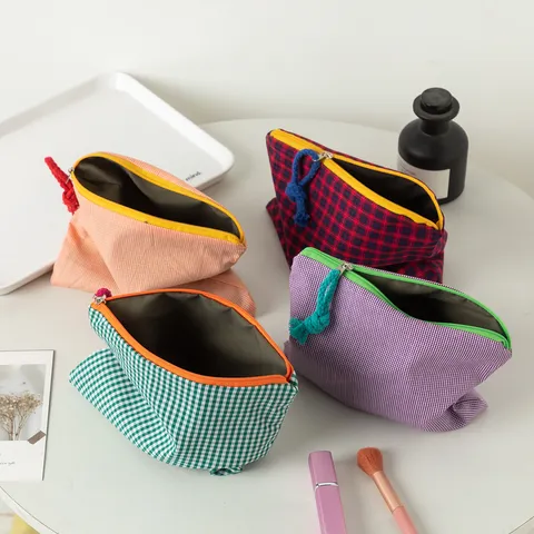 Koreanischer Ins-Stil Niedliche Gitter Leinwand Kosmetiktasche Tragbare Aufbewahrungstasche Karierte Kulturtasche Reiseorganizer