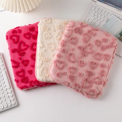 Sweet Plush Heart Embroidery Laptop Sleeve Sherpa Padded Tablet Case For Notebook Protective Inner Bag For Women Girls Student