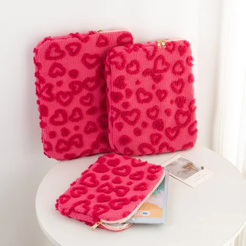 Sweet Plush Heart Embroidery Laptop Sleeve Sherpa Padded Tablet Case For Notebook Protective Inner Bag For Women Girls Student