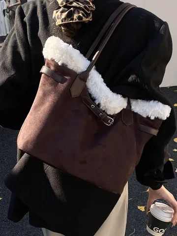 Sac Tote en Suède pour Femmes Décontracté Doux Garniture en Peluche Sac à Épaule Grande Capacité Navette Sac à Main Boucle de Ceinture Vintage