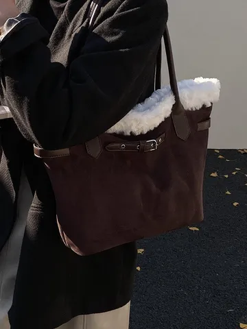 Sac Tote en Suède pour Femmes Décontracté Doux Garniture en Peluche Sac à Épaule Grande Capacité Navette Sac à Main Boucle de Ceinture Vintage
