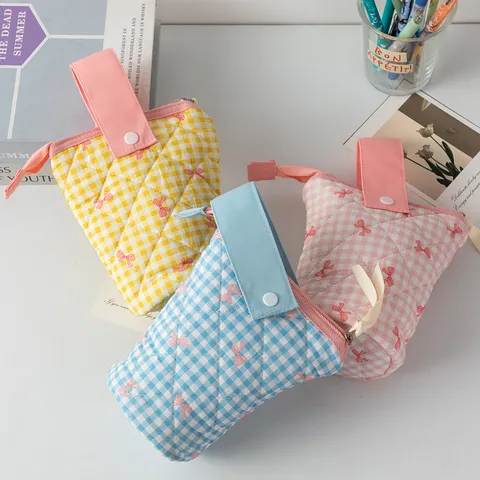Trousse à Crayons en Coton Matelassé avec Nœud Style Ins Grande Capacité Sac de Rangement de Papeterie à Carreaux Porte-Stylo Pliable Pochette à Maquillage