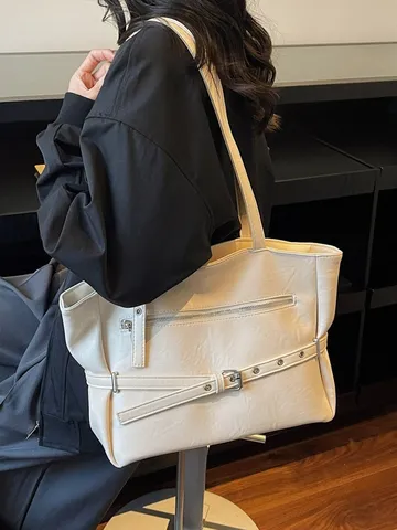 Vintage Large Capacity Soft PU Leather Tote Bag For Women Retro Commuter Shoulder Underarm Bag With Zipper Belt Decoration