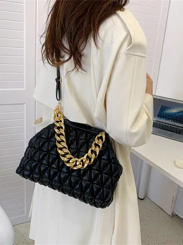 2024 Neue Mode Gesteppte Schultertasche Damen PU Leder Goldene Kette Umhängetasche Clip Verschluss Einfarbig Quadratische Handtasche