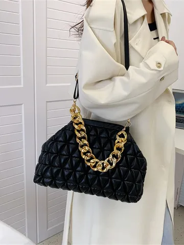 2024 Neue Mode Gesteppte Schultertasche Damen PU Leder Goldene Kette Umhängetasche Clip Verschluss Einfarbig Quadratische Handtasche