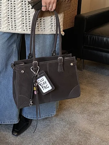 Bolso Tote Vintage de Cuero PU de Gran Capacidad para Mujer Con Hilo de Bordar de Empalme en Contraste Bolso de Hombro