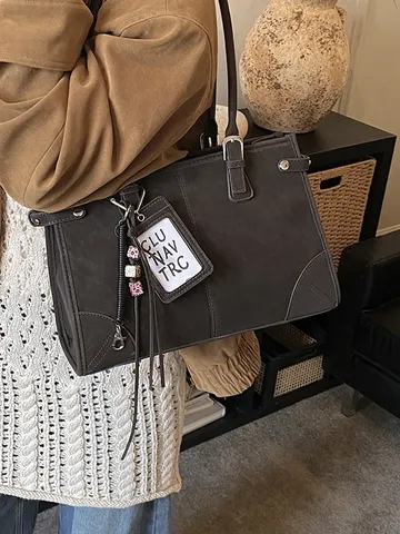 Bolso Tote Vintage de Cuero PU de Gran Capacidad para Mujer Con Hilo de Bordar de Empalme en Contraste Bolso de Hombro