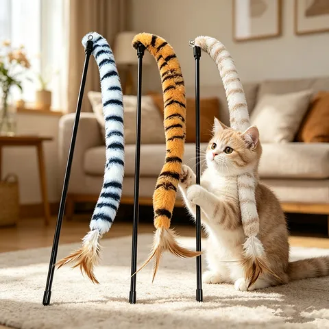 Bacchetta Giocattolo Interattiva Per Gatti Bastone Lungo Con Coda A Strisce Di Tigre In Peluche E Piume Naturali Articoli Per Animali Domestici