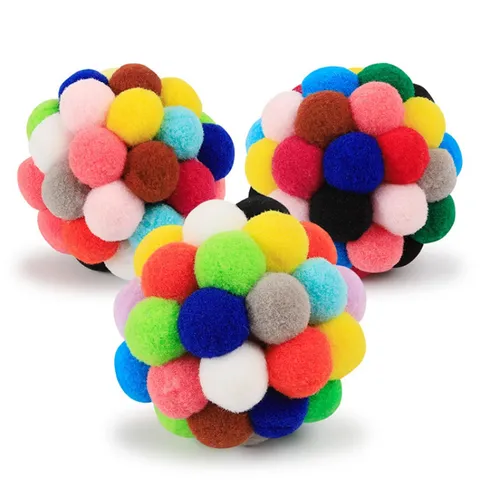 Giocattolo in Peluche per Gatti Sonoro Colorato Palla Pom Pom Interattiva Fatta a Mano Morbida per Animali Domestici