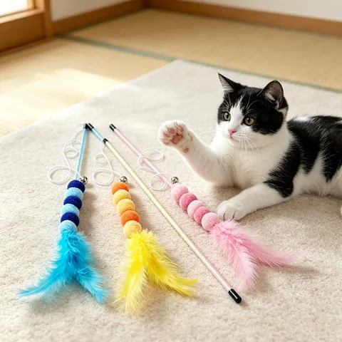 Bacchetta Interattiva per Gatti Giocattolo in Piuma Con Campana E Pompon Colorati Astina in Plastica Gioco per Gattini