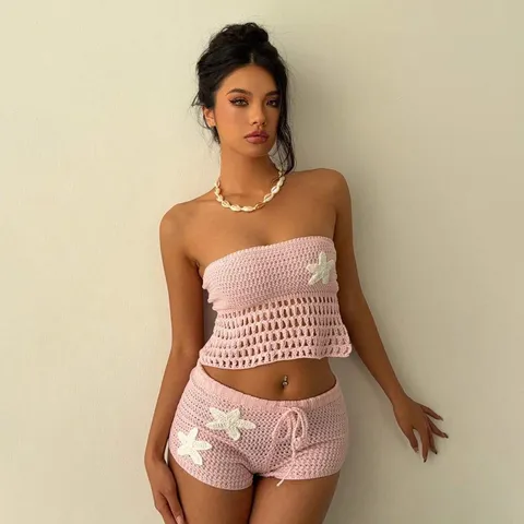 Robe de Plage Fleurie Tricotée Sexy pour Femmes Bikini Cover Up Ensemble de Protection Solaire Été Halter Top et Short Ensemble Deux Pièces