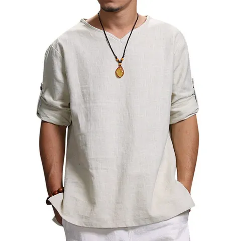 Camisa Casual de Algodón para Hombre Manga Larga Cuello en V Top Básico Sólido Holgado Para Primavera Otoño Ropa de Moda